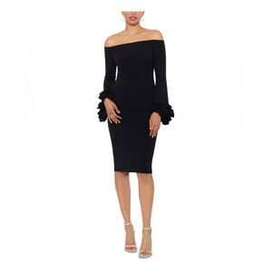 Xscape NWT Off-The-Shoulder Ruffle-Cuff Dress in Black Sz 14